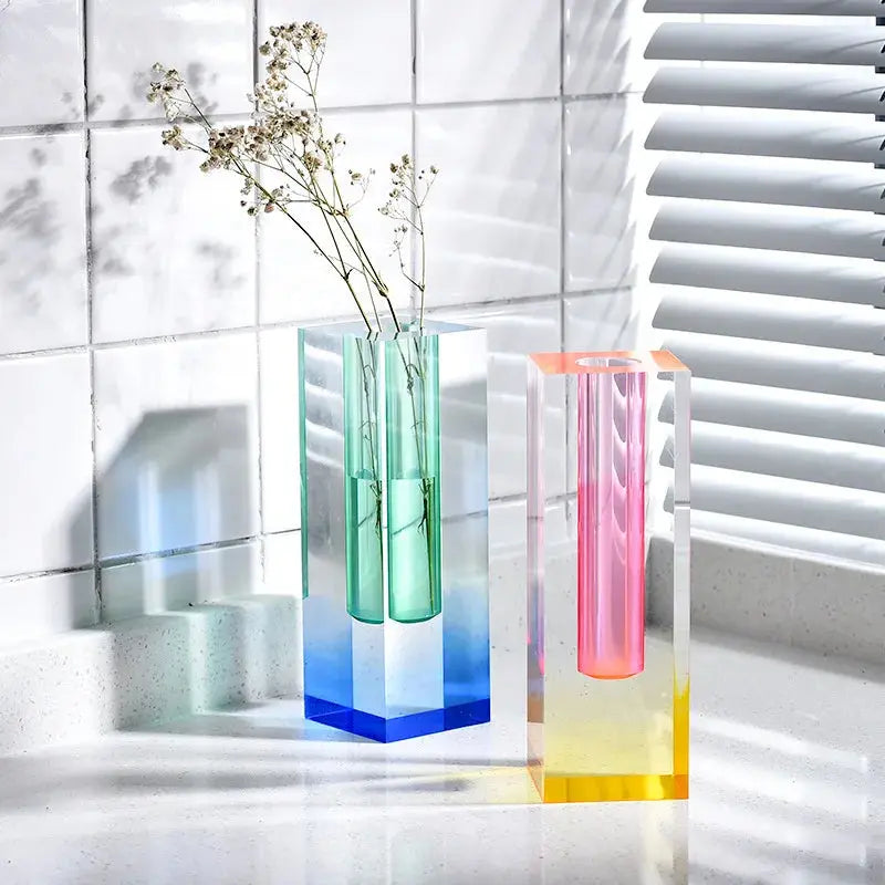 Modern Rainbow Pillar Bud Vase Tabletop Glass Vases Luxury Decorative Acrylic Crystal Nordic Room Decoration Home The Gadget Guy