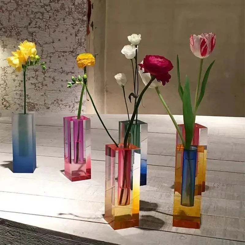 Modern Rainbow Pillar Bud Vase Tabletop Glass Vases Luxury Decorative Acrylic Crystal Nordic Room Decoration Home The Gadget Guy